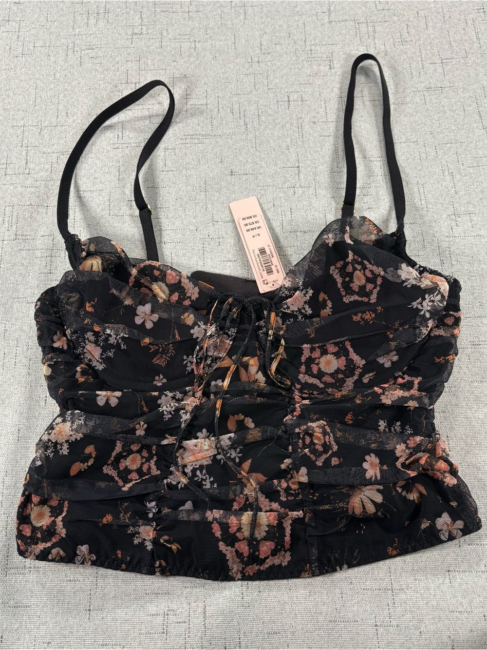 Victoria Secret Floral Lace-Up Black Bustier Crop Top